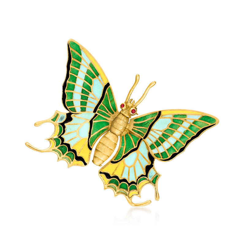 Vintage 18kt yellow gold butterfly pin with multicolored enamel and ruby eyes