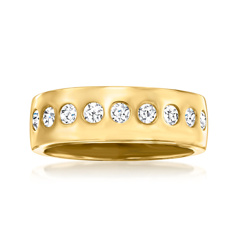 Gold-tone diamond band ring with six round clear stones in a polished bezel setting