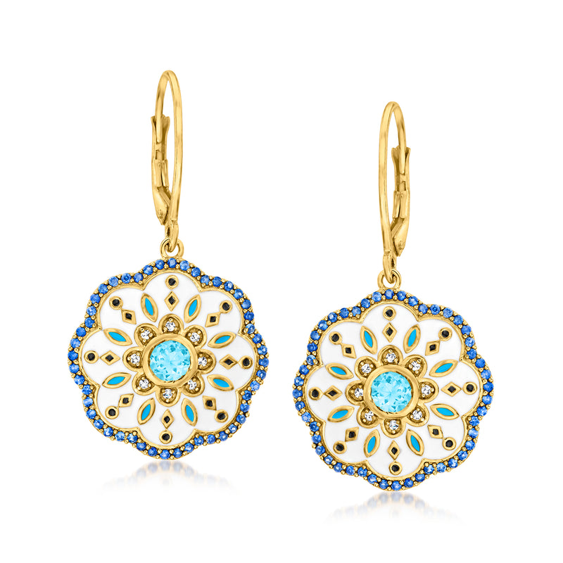 Blue and white enamel flower drop earrings in gold with leverback closures