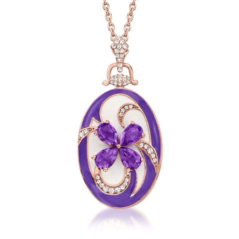 Rose gold locket necklace with purple enamel oval and amethyst flower with zircon accents