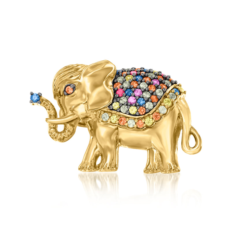 Gold-tone elephant ring with multicolored gemstone saddle and ruby-like red accents