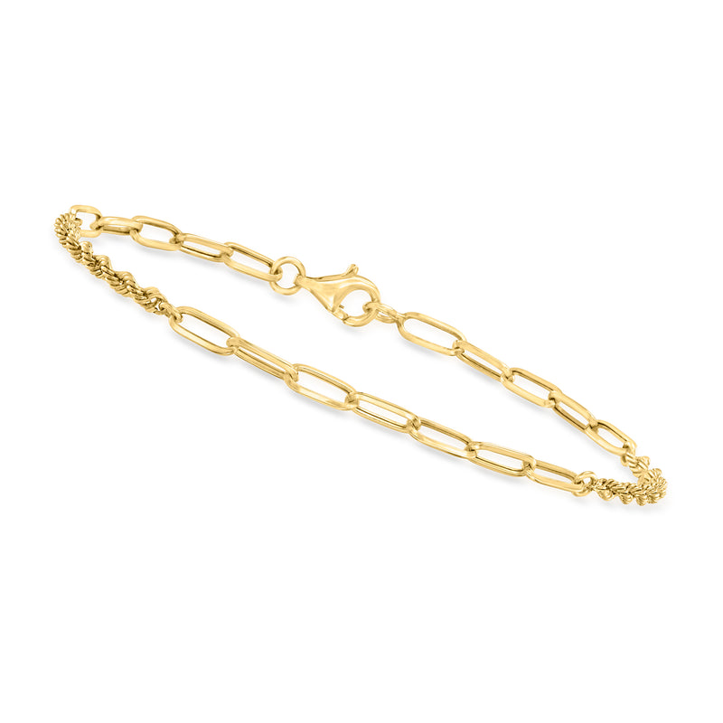 Yellow gold-tone bracelet with paper-clip links and rope chain, round clasp