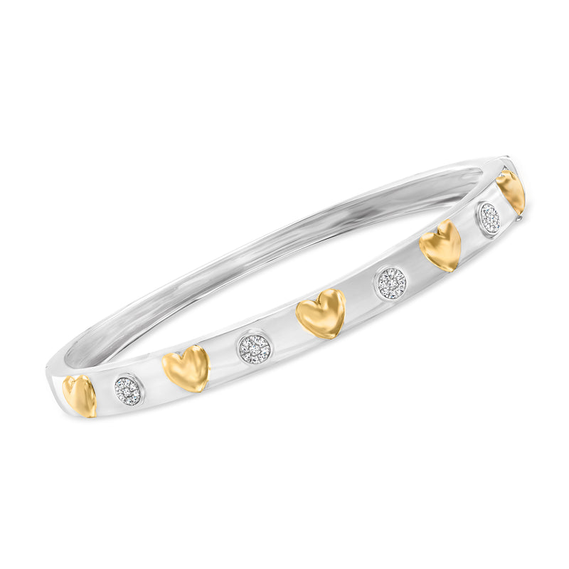 Two-tone bangle bracelet in sterling silver with gold heart details and round diamond accents