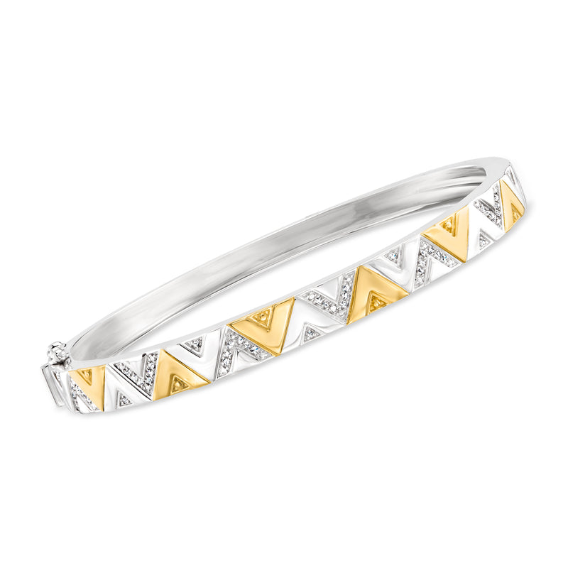 Two-tone sterling silver chevron diamond bangle bracelet with alternating yellow and white stones