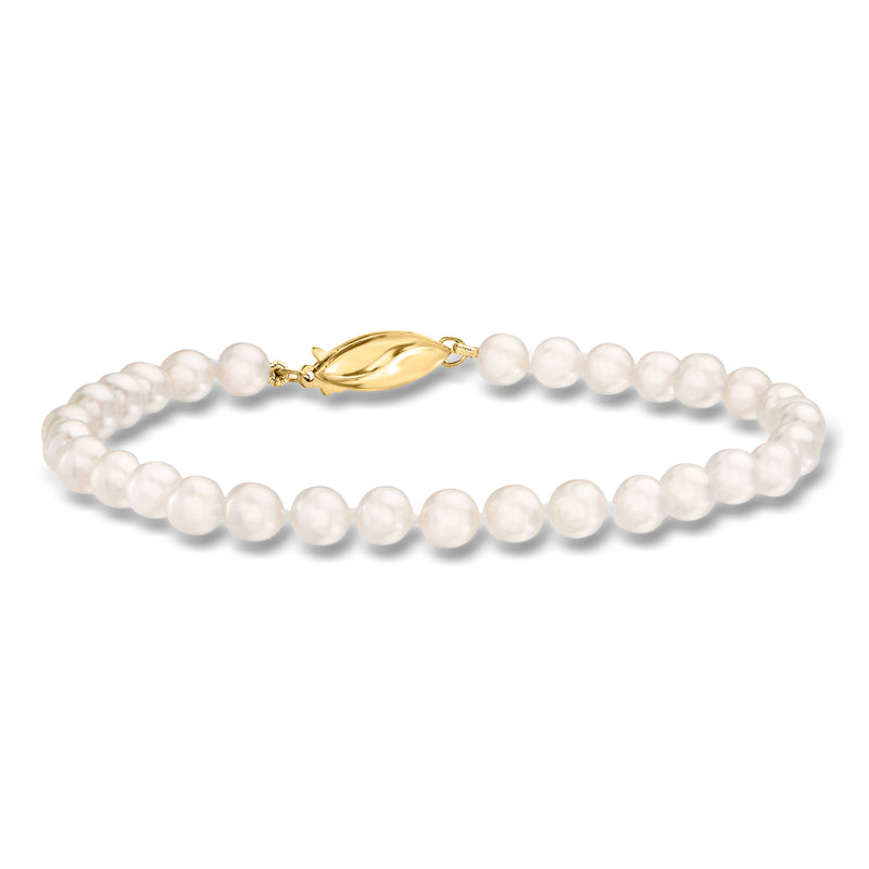 Cultured Akoya pearl bracelet with 18kt yellow gold clasp, 5–5.5mm round pearls