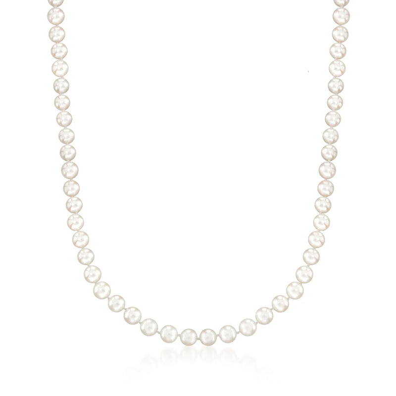Cultured Akoya pearl necklace, round white pearls on a gold-tone strand