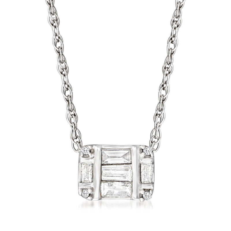 Sterling silver diamond cluster necklace with rectangular baguette-style pendant