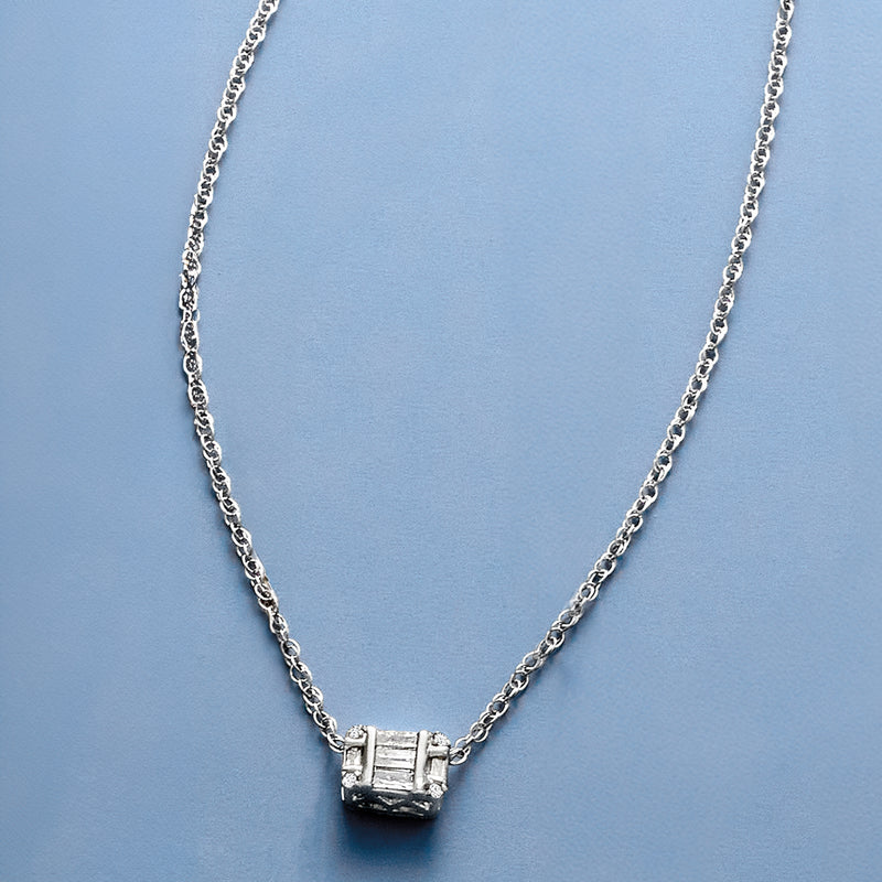 Sterling silver chain necklace with rectangular diamond cluster centerpiece