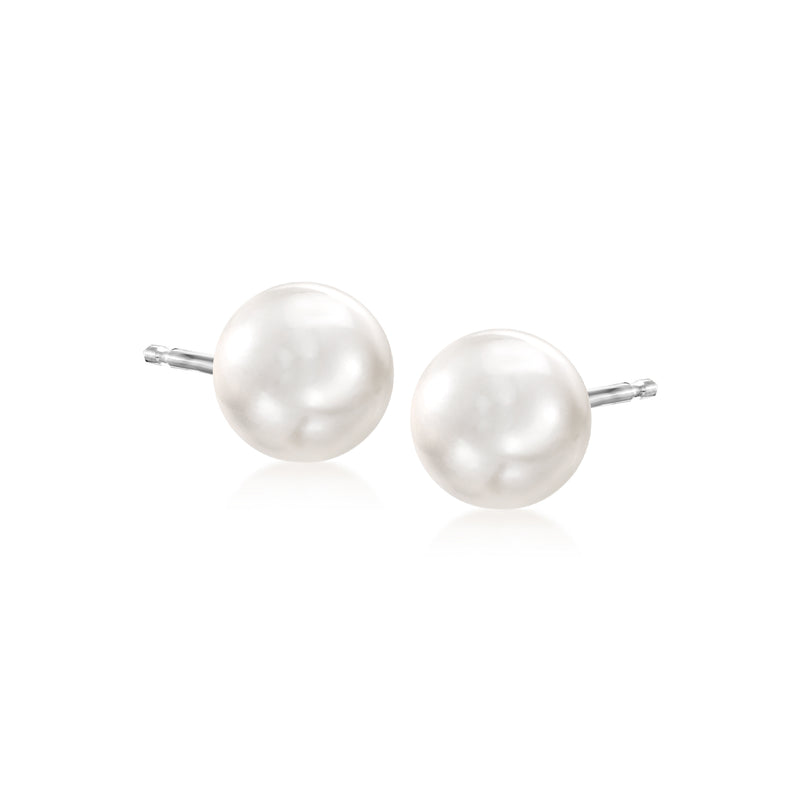 Cultured pearl stud earrings, 7–8mm white pearls on white gold posts