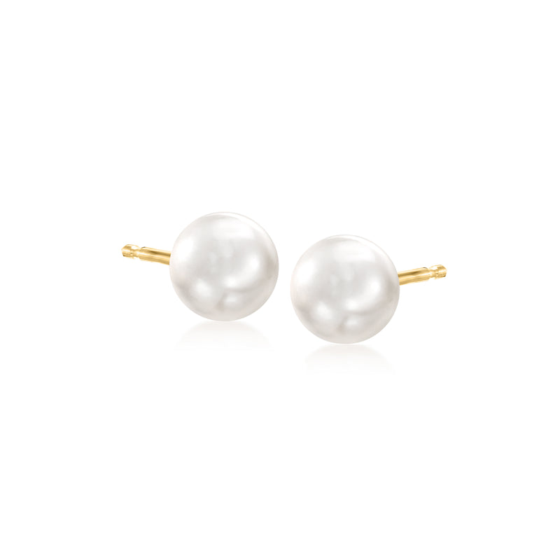Cultured Akoya pearl stud earrings, 14kt yellow gold posts with round white pearls