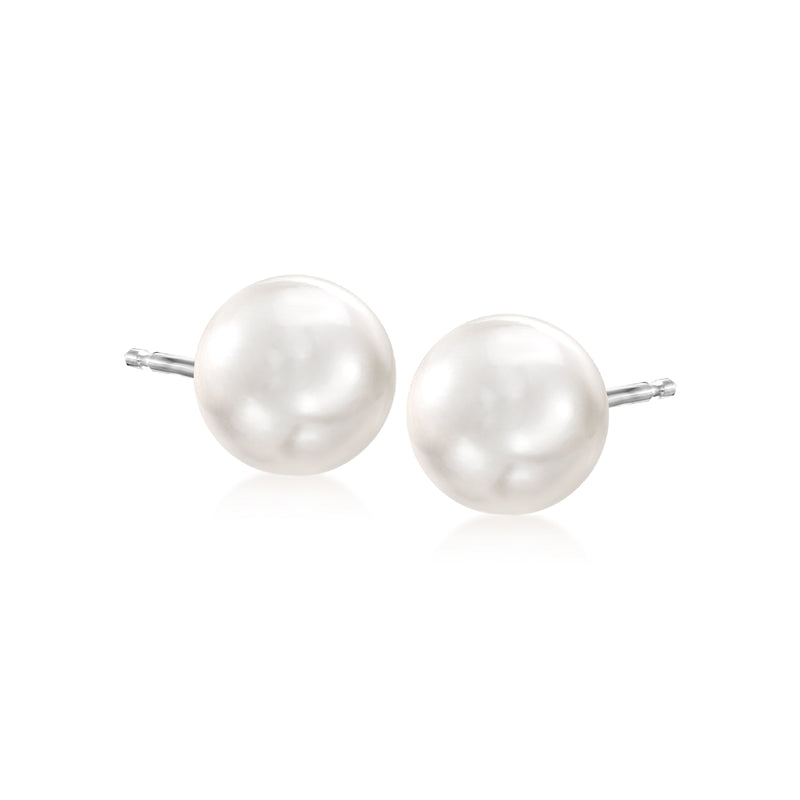 Cultured pearl stud earrings in 14kt white gold, round 9-10mm pearls