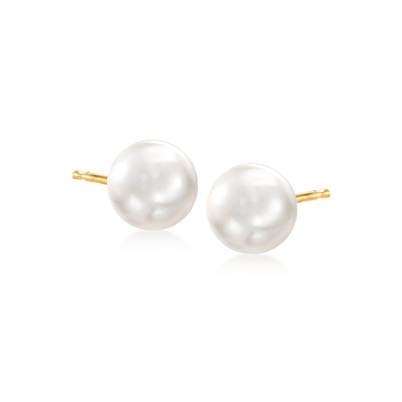 Cultured Akoya pearl stud earrings, 14kt yellow gold posts, round white pearls