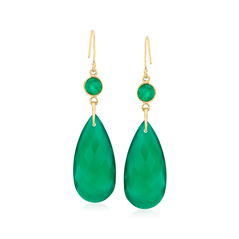 10kt yellow gold drop earrings with green round and teardrop gemstones