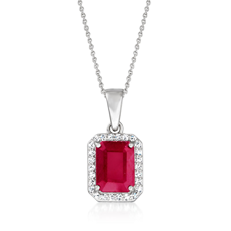 14kt white gold pendant necklace with square ruby center and diamond halo