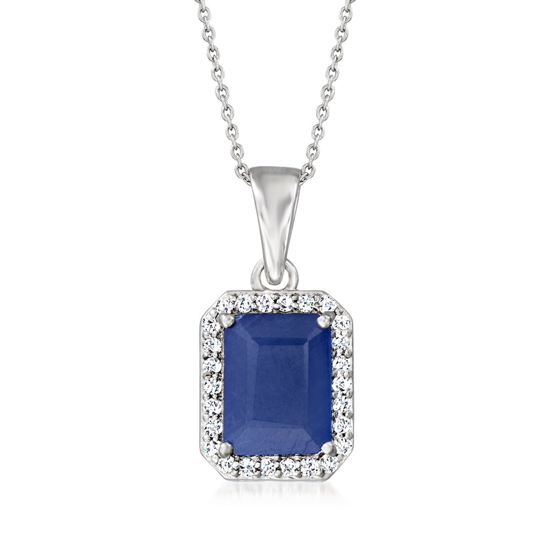 14kt white gold sapphire and diamond pendant necklace with square blue stone halo