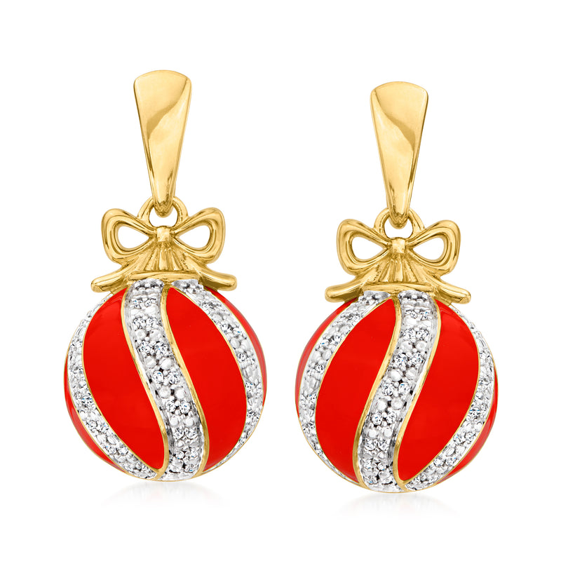 Pair of Christmas ornament drop earrings in gold with red enamel and diamond accents