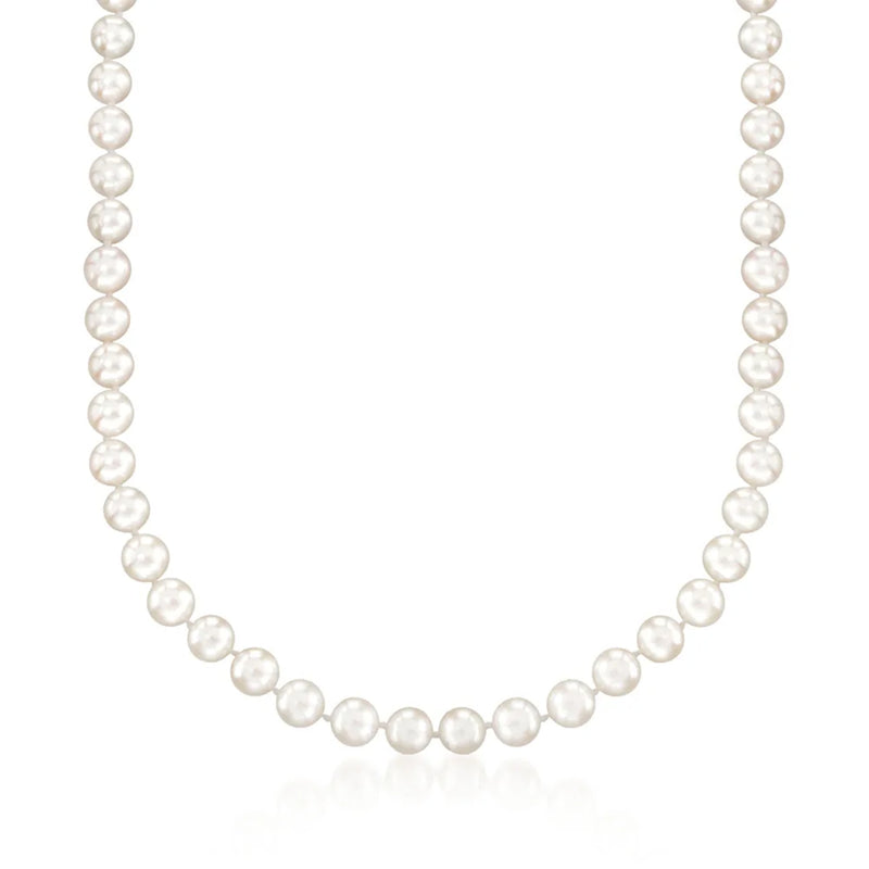 Cultured Akoya pearl necklace with round white pearls, single strand.