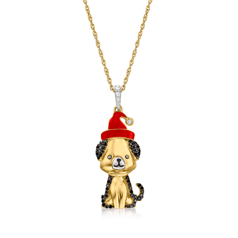 Gold-tone dog pendant necklace with red hat and black accents on a chain