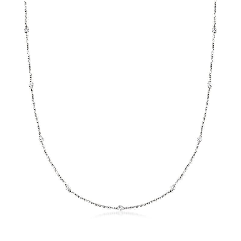 14kt white gold diamond station necklace with bezel-set round stones