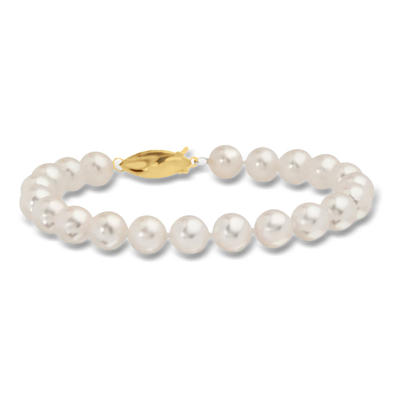 Cultured Akoya pearl bracelet with round white pearls and 18kt yellow gold clasp