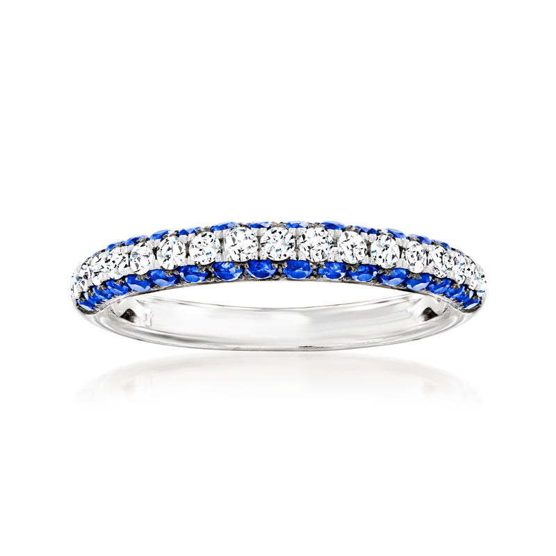 14kt white gold wedding band with alternating blue sapphires and clear diamonds