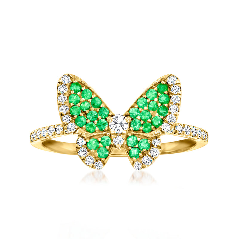 14kt yellow gold butterfly ring with green emerald stones and white diamond accents