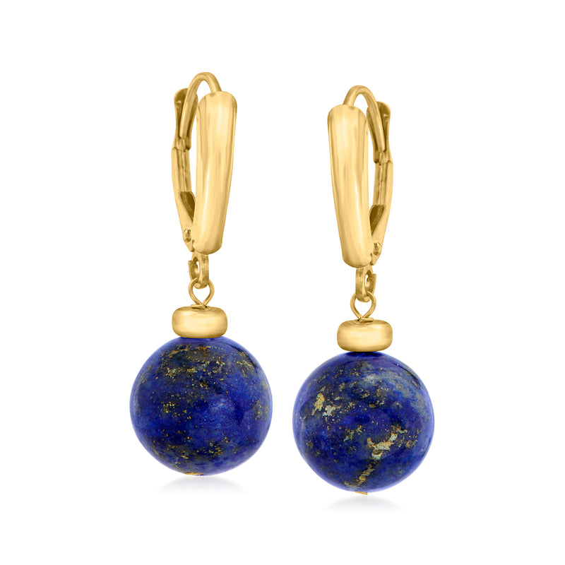 10kt yellow gold leverback drop earrings with lapis blue beads