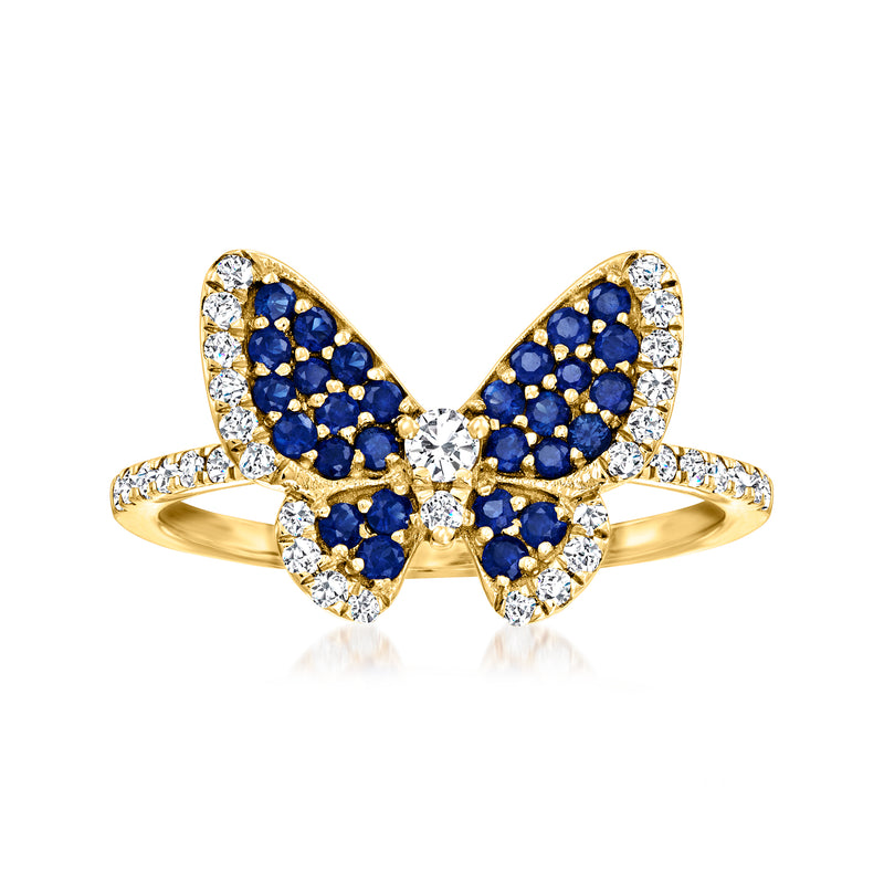 14kt yellow gold butterfly ring with deep blue sapphire centers and white diamond accents