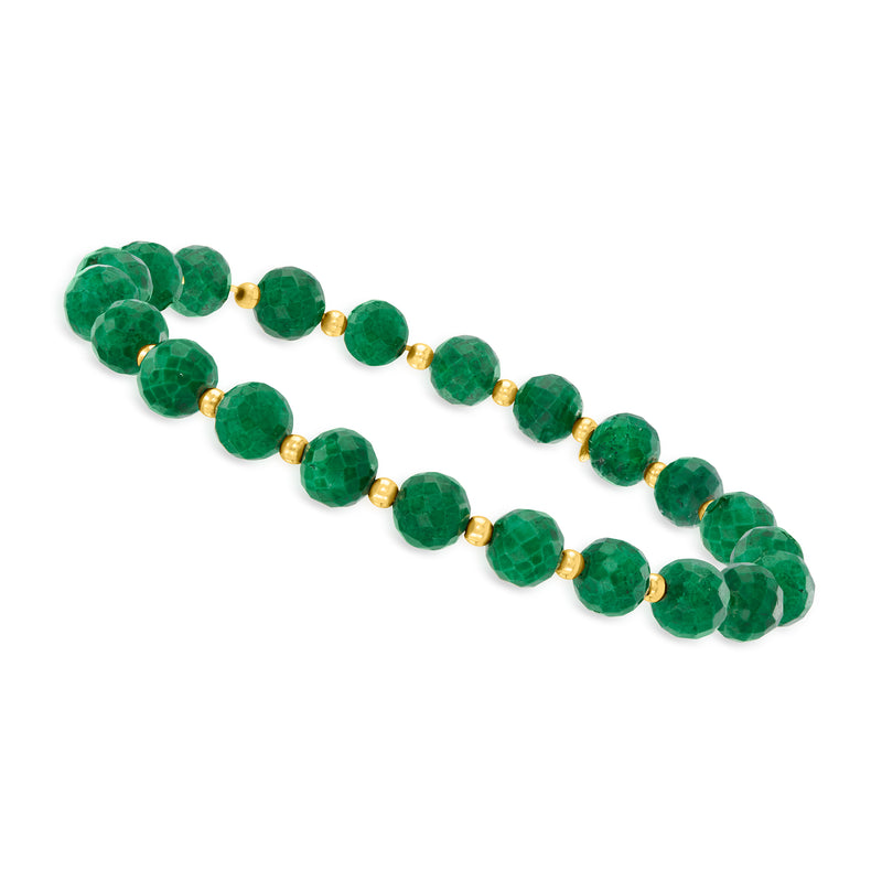 Green emerald-cut bead stretch bracelet with small yellow gold-tone spacers