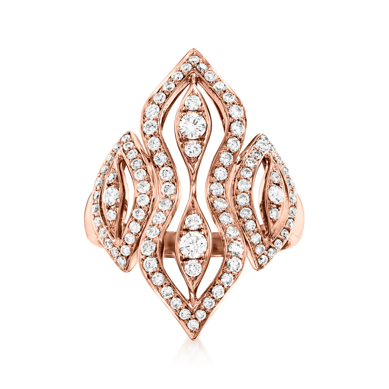 18kt yellow gold diamond wave ring with marquise and round stones, openwork design