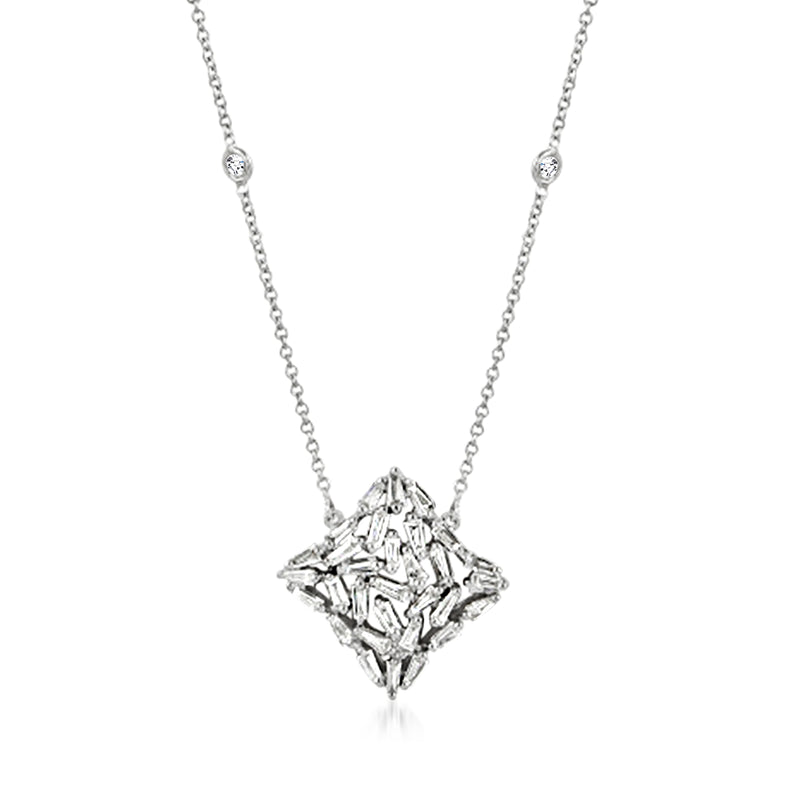 18kt white gold diamond cluster necklace with square halo pendant and chain