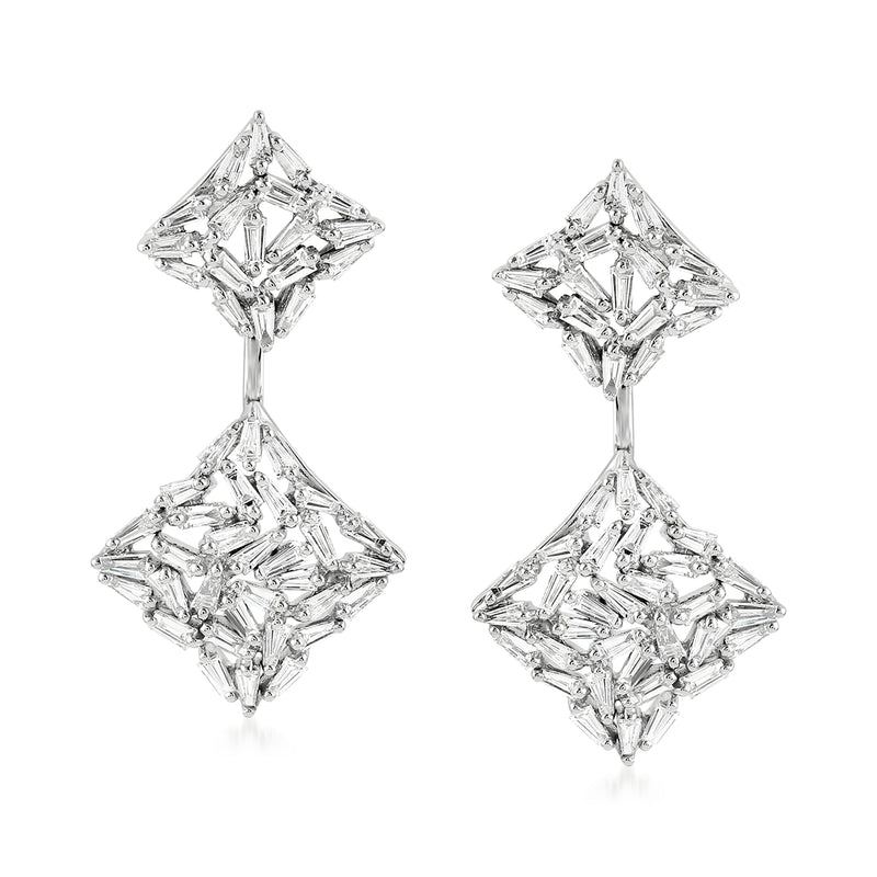 Baguette diamond drop earrings with square cluster design in 18k white gold