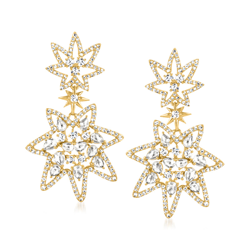 Yellow gold starburst drop earrings with dangling star-shaped crystal stones