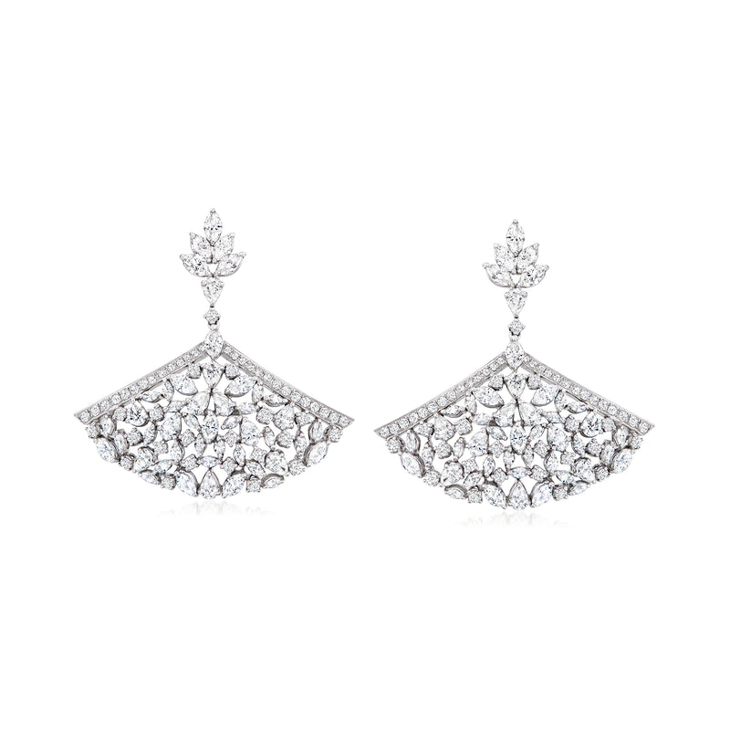 White gold fan drop diamond earrings with marquise-style diamond cluster drops