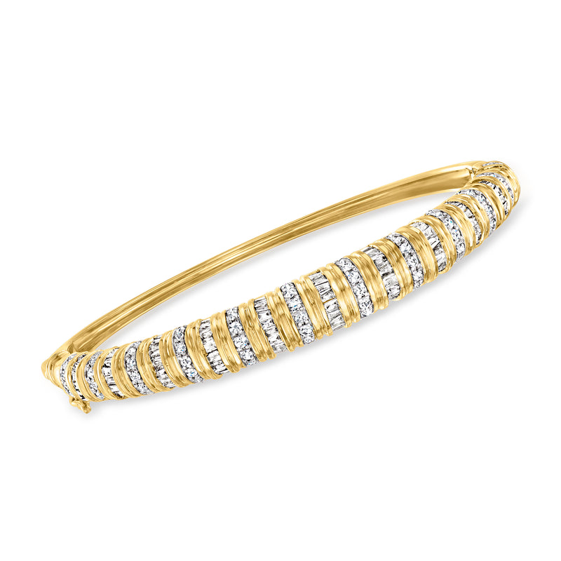 14kt yellow gold diamond bangle with baguette and round stones in three rows