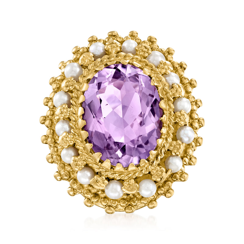 Vintage oval amethyst ring with clustered cultured pearls and 14kt yellow gold setting