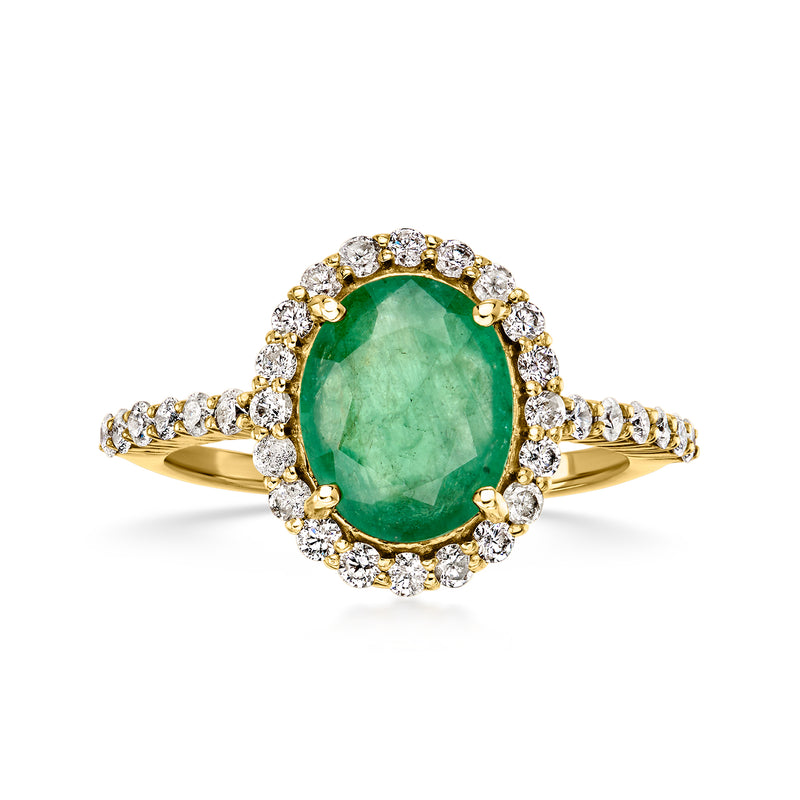 Oval green emerald-cut ring with diamond halo and 14kt yellow gold band