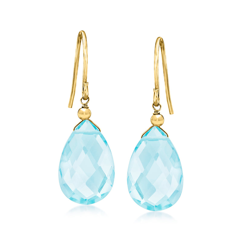 10kt yellow gold drop earrings with faceted sky blue teardrop gemstone on earwires