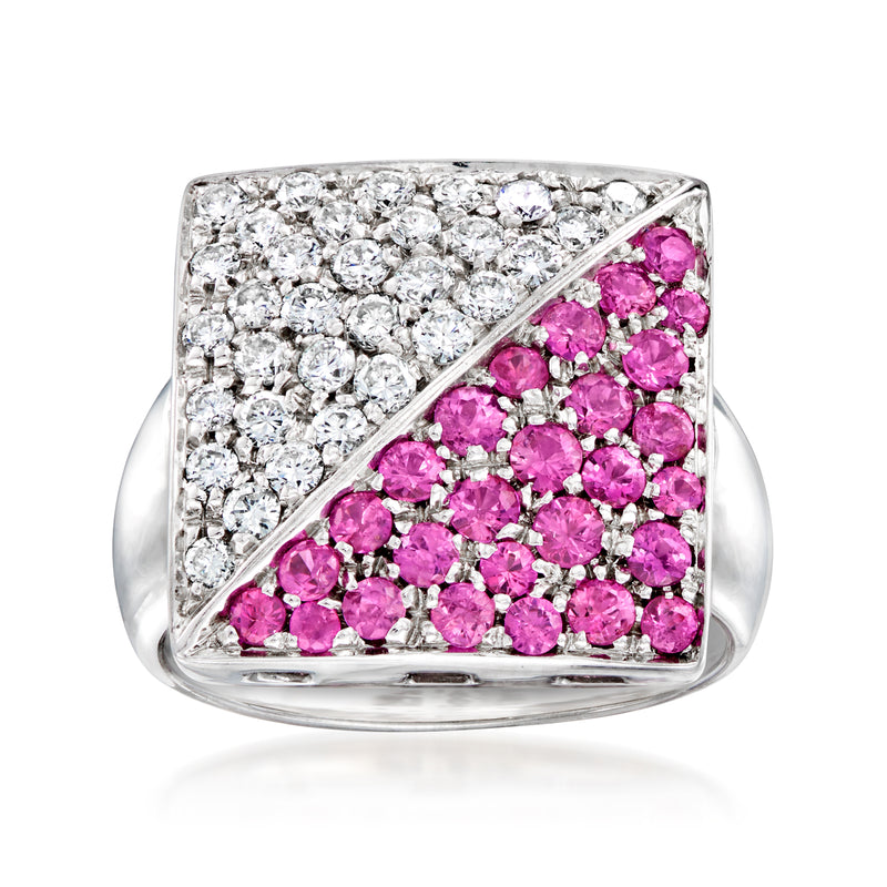 Square ring in 18kt white gold with pink sapphires and diamond pavé
