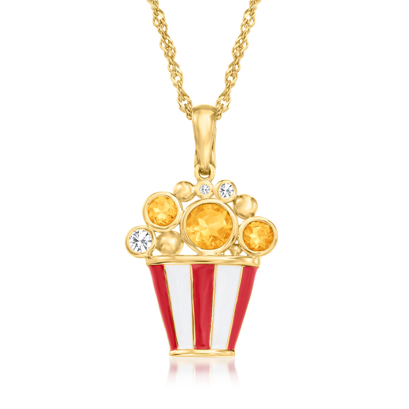Gold popcorn pendant necklace with red and white enamel stripes and citrine gemstone cluster