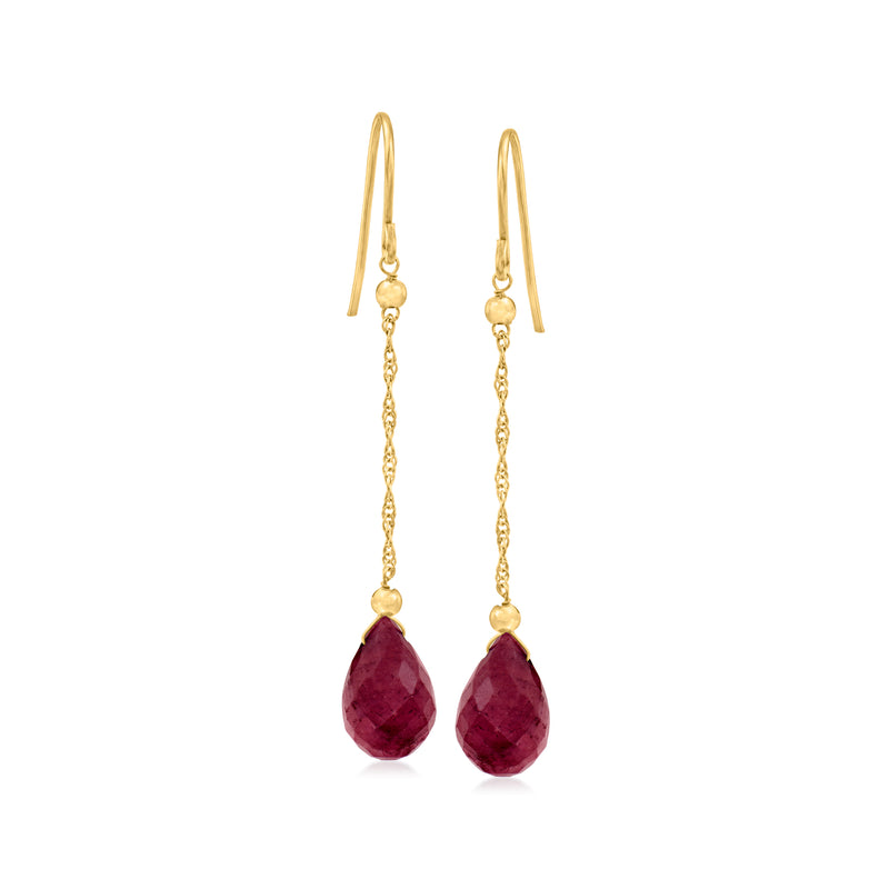 Ruby teardrop earrings in 10kt yellow gold with dangling dark red gemstones