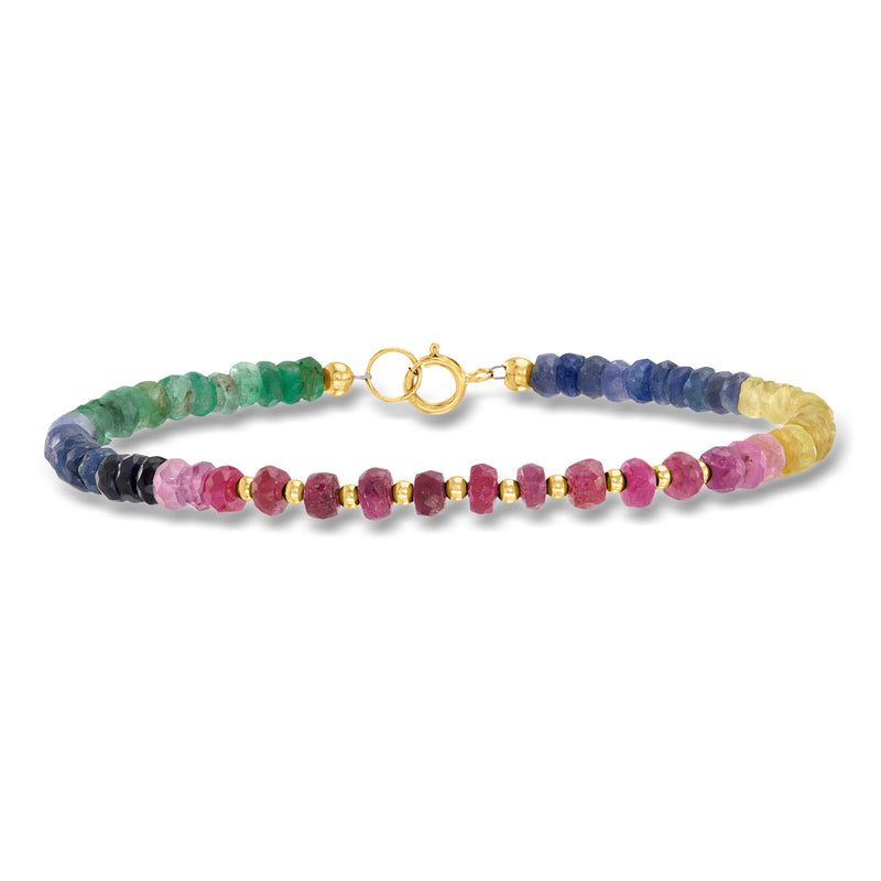 10kt yellow gold multicolored gemstone bead bracelet with sapphire and ruby