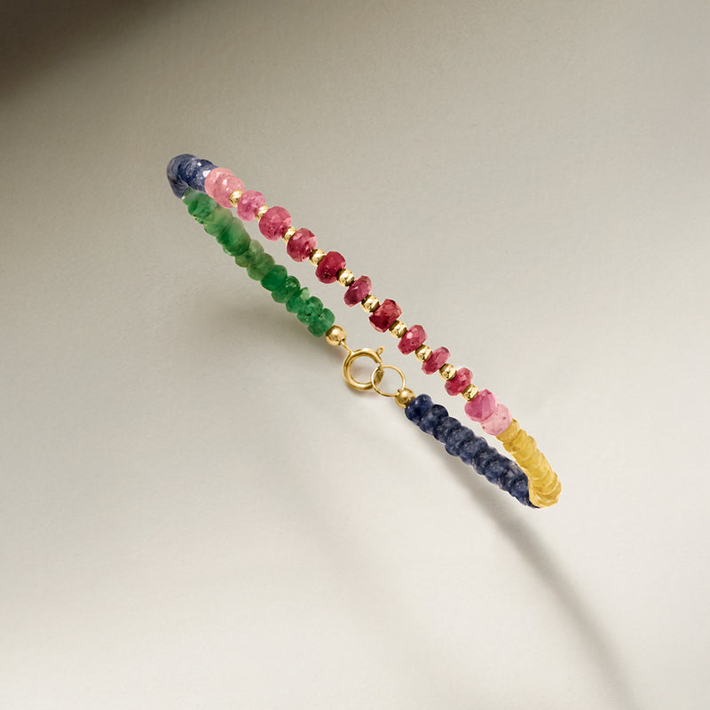 Multicolor sapphire and ruby bead bracelet with 10kt yellow gold clasp