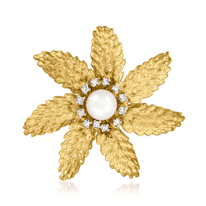 Vintage cultured pearl and diamond flower pin in yellow gold, gold petals with white center pearl