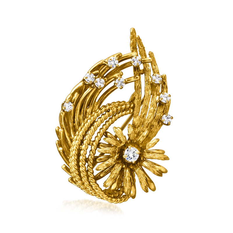 Vintage yellow gold swirl floral diamond pin with round center and small pave stones