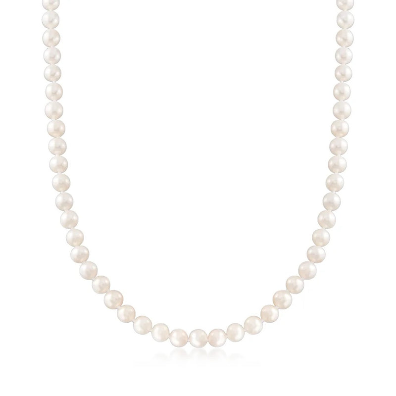Cultured pearl necklace with evenly spaced round white pearls on a delicate chain