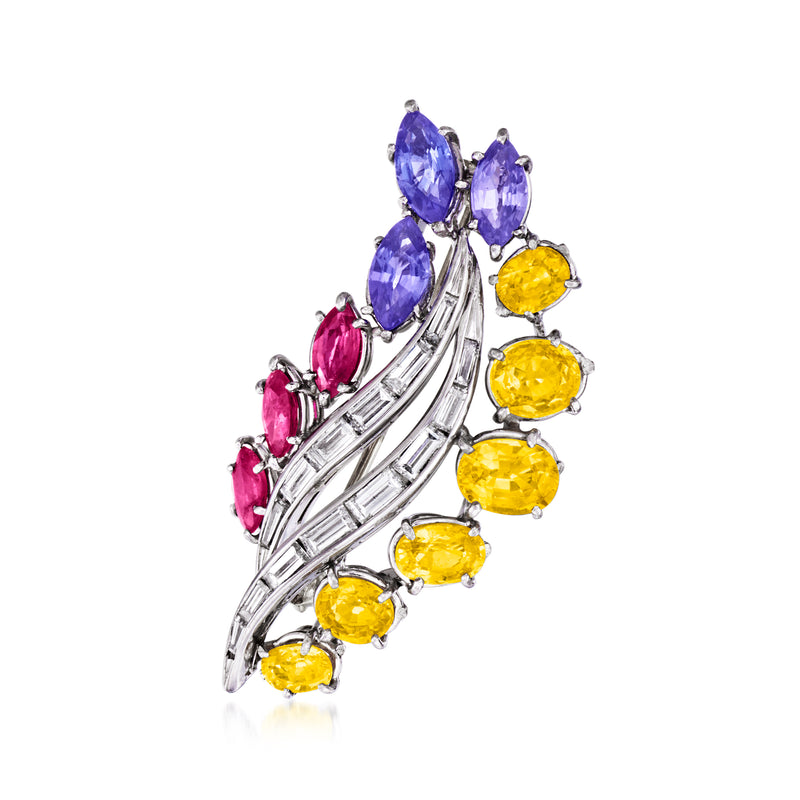 Vintage platinum pin with oval multicolored sapphires, white diamond accents