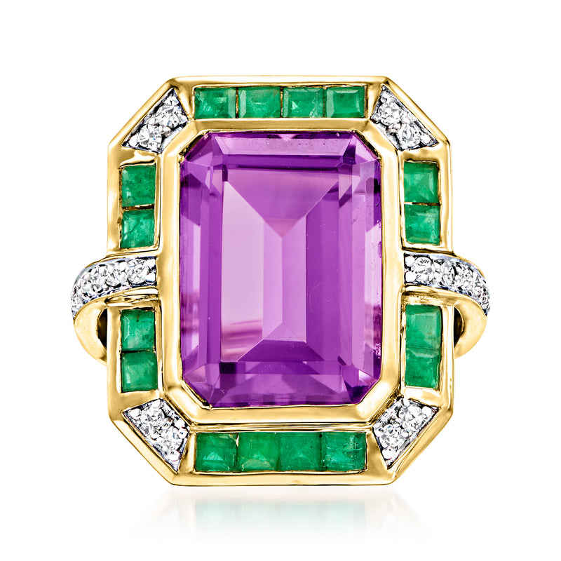 14kt yellow gold amethyst ring with emerald-cut green stones and diamond accents