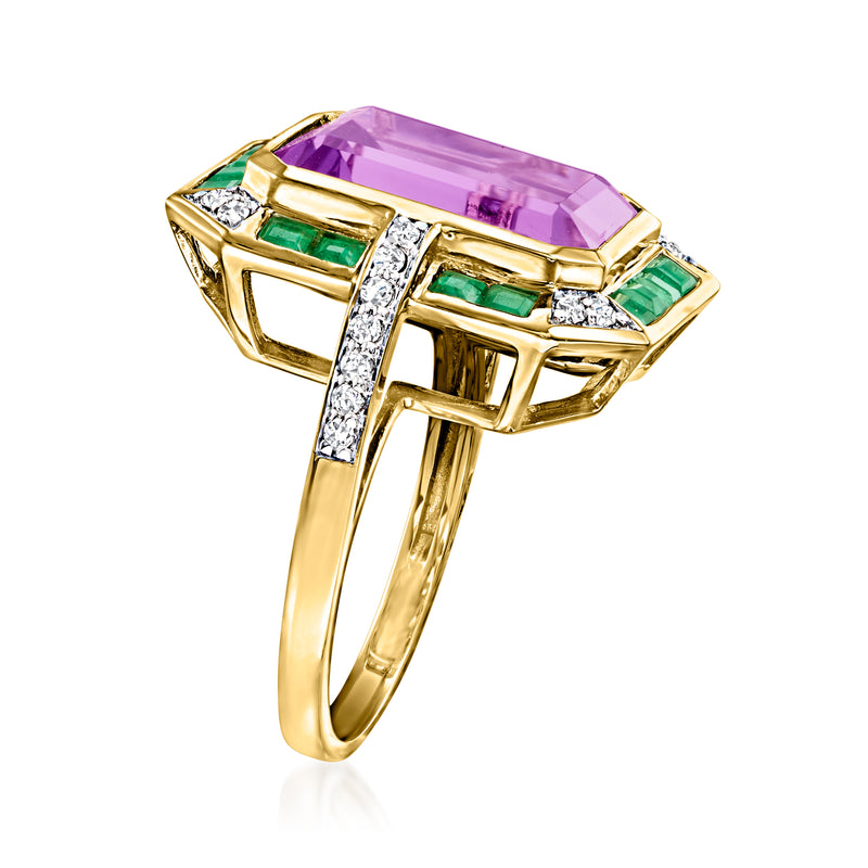 14kt yellow gold amethyst ring, side view with green square stones and diamond accents