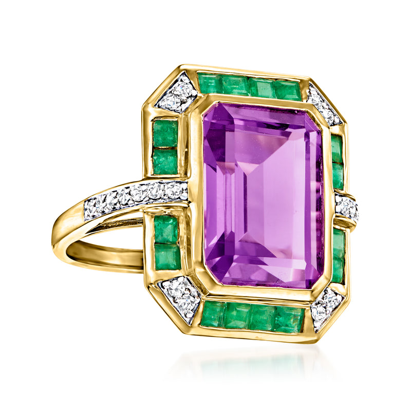 14kt yellow gold ring with large rectangular amethyst center, green and diamond accents